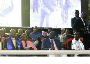 Safina Party presidential candidate Jimi Wanjigi with UDA party leader Deputy President William Ruto and Safina Party leader Paul Muite during the Safina Party Special NDC at Bomas of Kenya on March 21,
